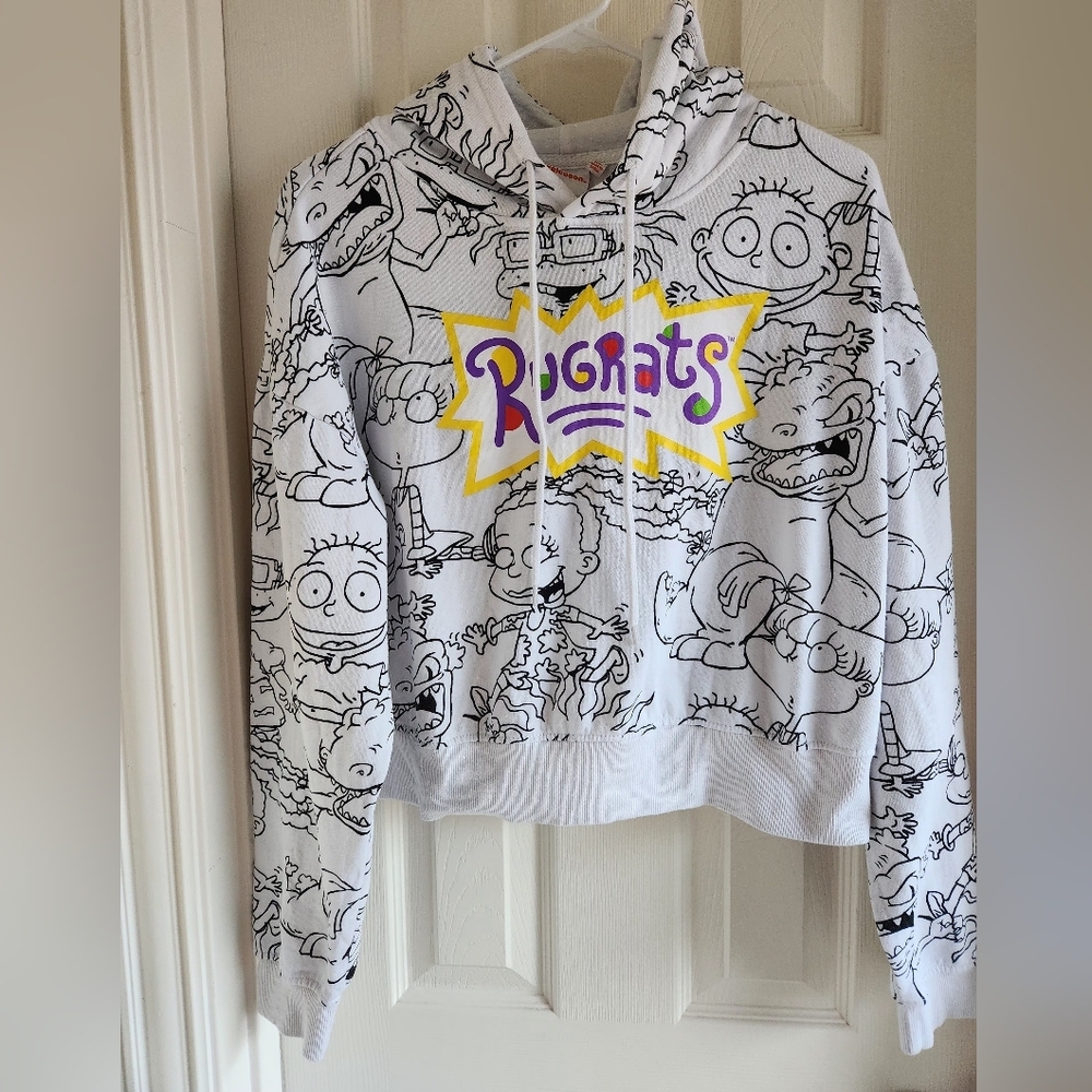 Nickelodeon Rugrats Women White Allover Print Cropped Sweatshirt Hoodie Size XL‎